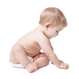 Photo of Cute little baby sitting on white background