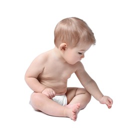 Photo of Cute little baby sitting on white background