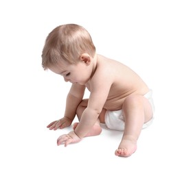 Photo of Cute little baby sitting on white background