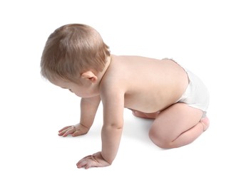 Photo of Adorable little baby crawling on white background