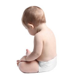 Photo of Adorable little baby sitting on white background