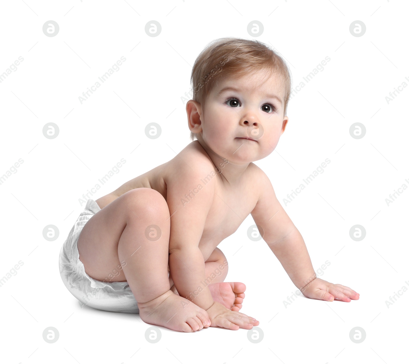 Photo of Cute little baby sitting on white background