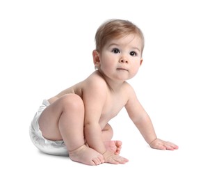 Photo of Cute little baby sitting on white background