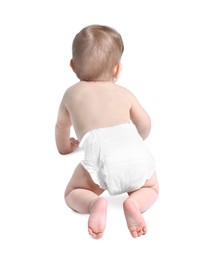 Photo of Little baby crawling on white background, back view