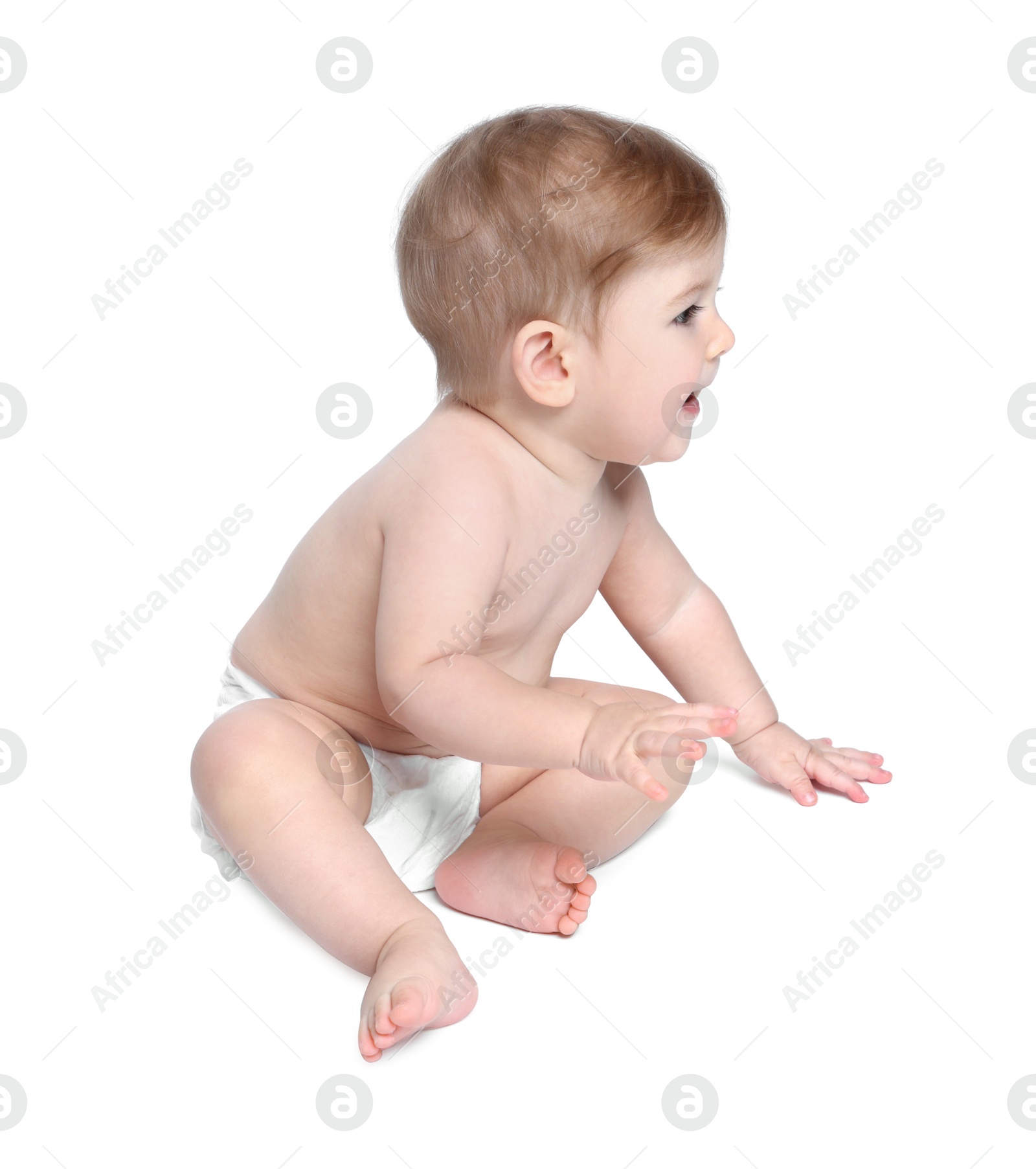 Photo of Happy little baby sitting on white background