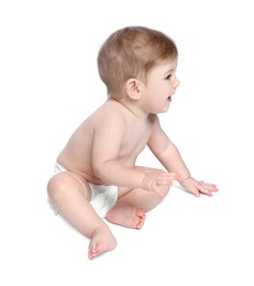 Happy little baby sitting on white background