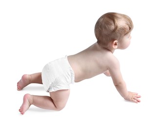 Photo of Adorable little baby crawling on white background