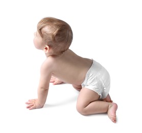 Photo of Adorable little baby crawling on white background