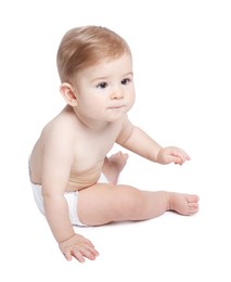 Photo of Cute little baby sitting on white background