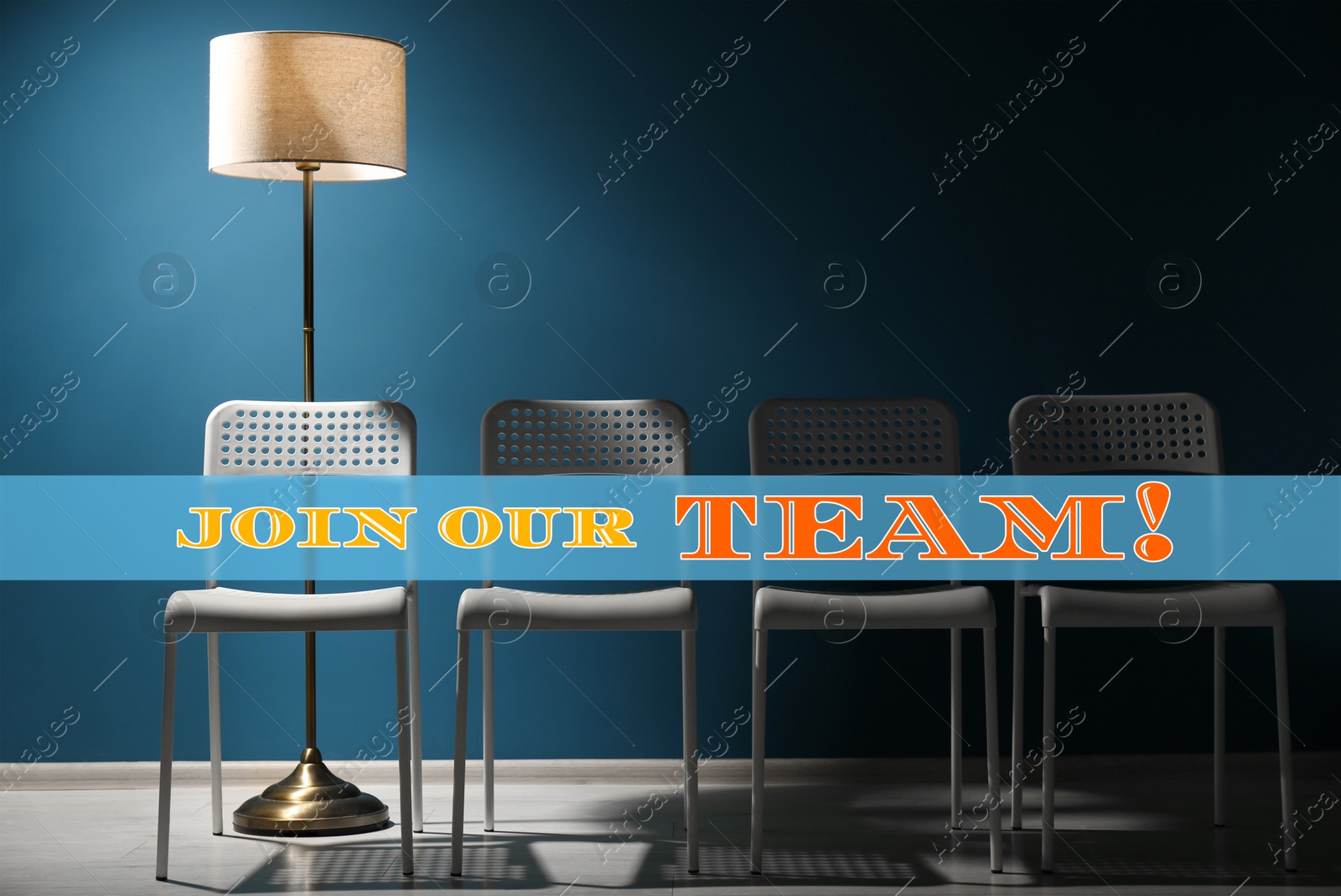 Image of Join our team! White chairs and lamp near blue wall. Human resource, recruitment concept