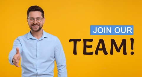 Image of Join Our Team! Happy man welcoming and offering handshake on orange background, banner design. Human resource, recruitment concept