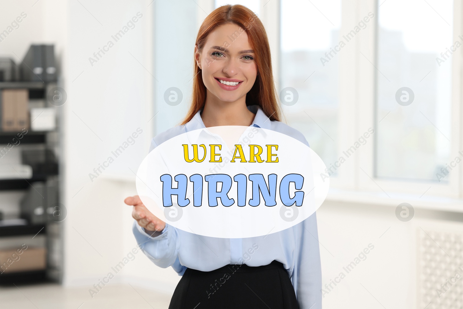 Image of We are hiring. Happy woman welcoming in office. Human resource, recruitment concept