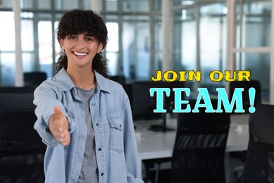 Image of Join our team! Happy woman welcoming and offering handshake in office. Human resource, recruitment concept