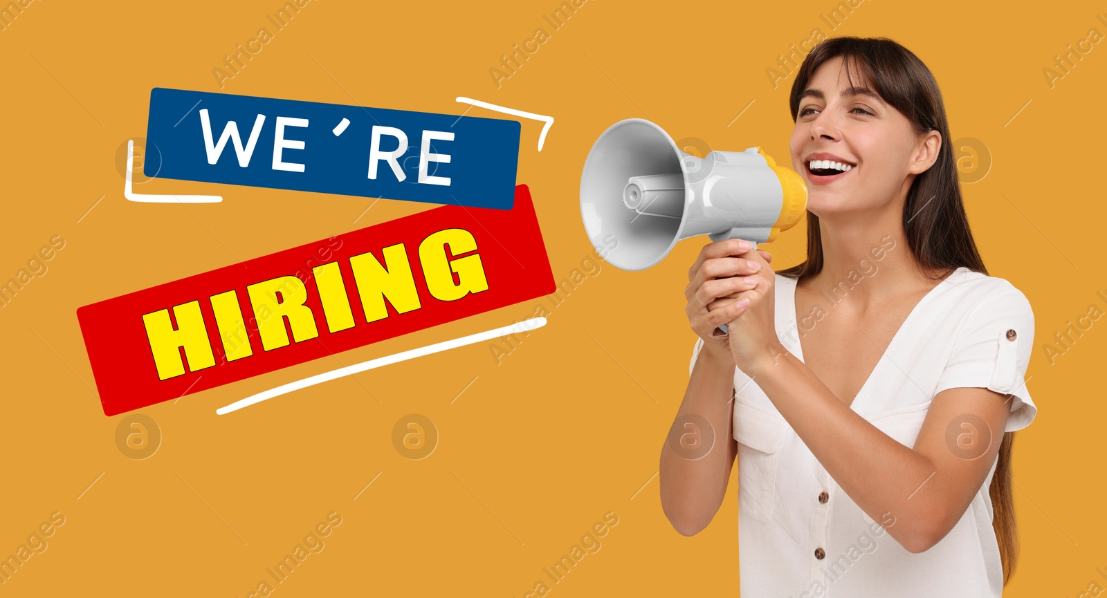 Image of We're hiring. Woman shouting in megaphone on orange background, banner design. Human resource, recruitment concept