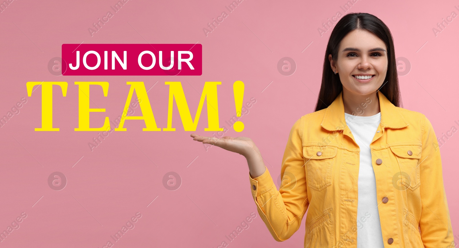 Image of Happy woman pointing at text Join Our Team on pink background, banner design. Human resource, recruitment concept