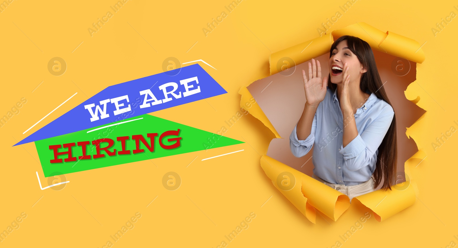 Image of We are hiring. Woman shouting through hole in orange paper, banner design. Human resource, recruitment concept