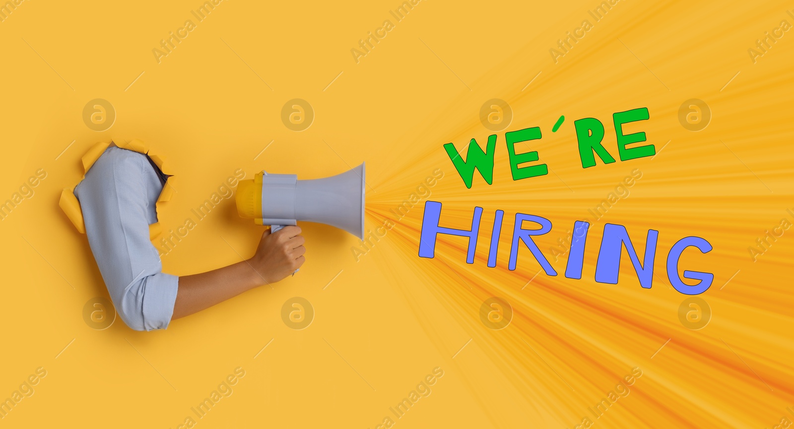 Image of We're Hiring. Woman holding megaphone through hole in orange paper, banner design. Human resource, recruitment concept