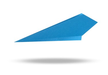 Image of Light blue paper plane in air on white background