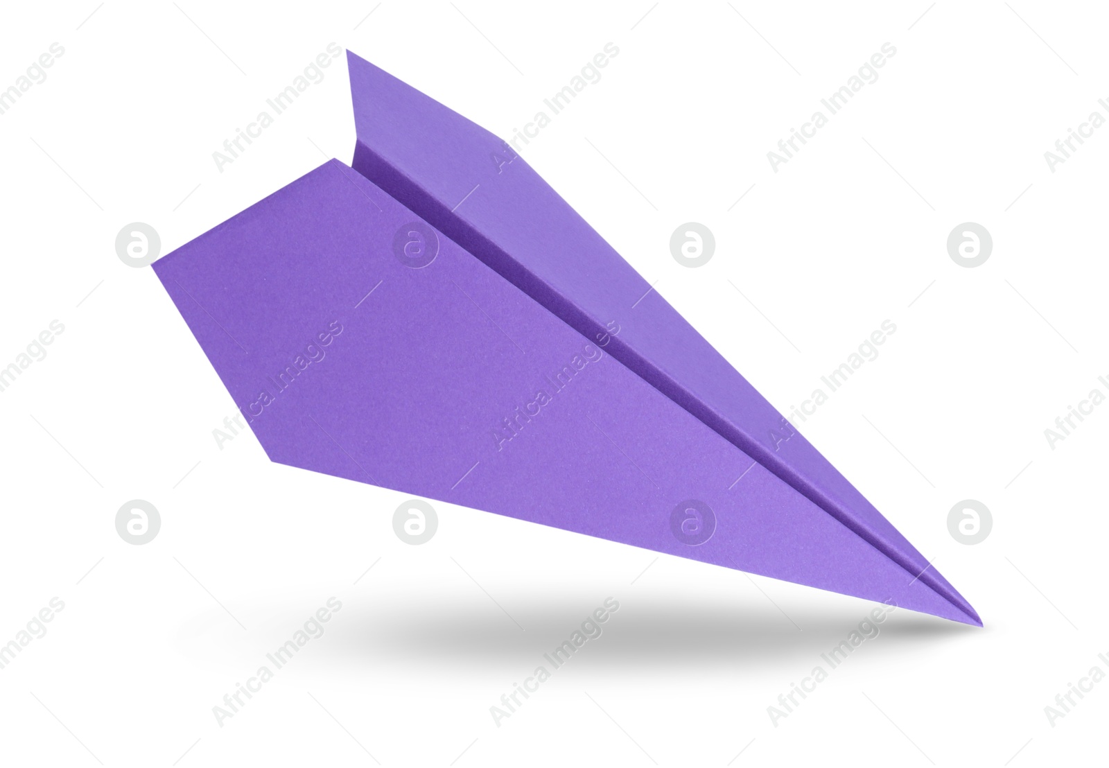 Image of Purple paper plane in air on white background