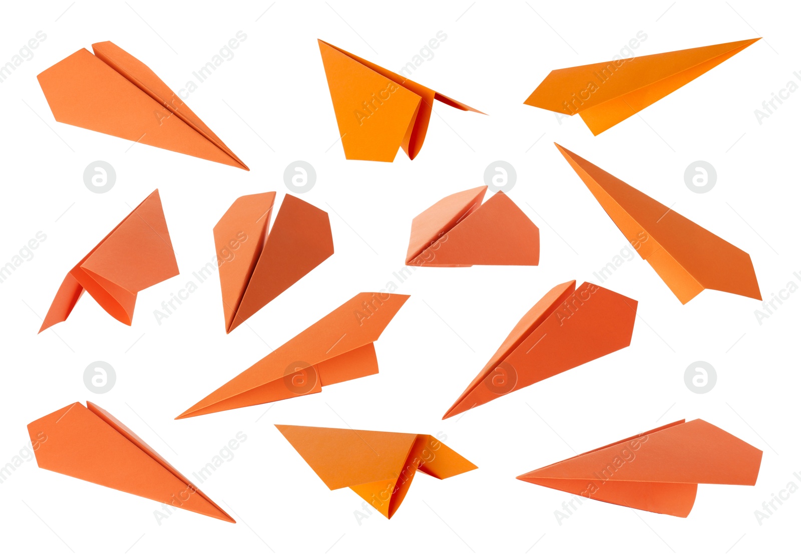 Image of Orange paper planes on white background, set