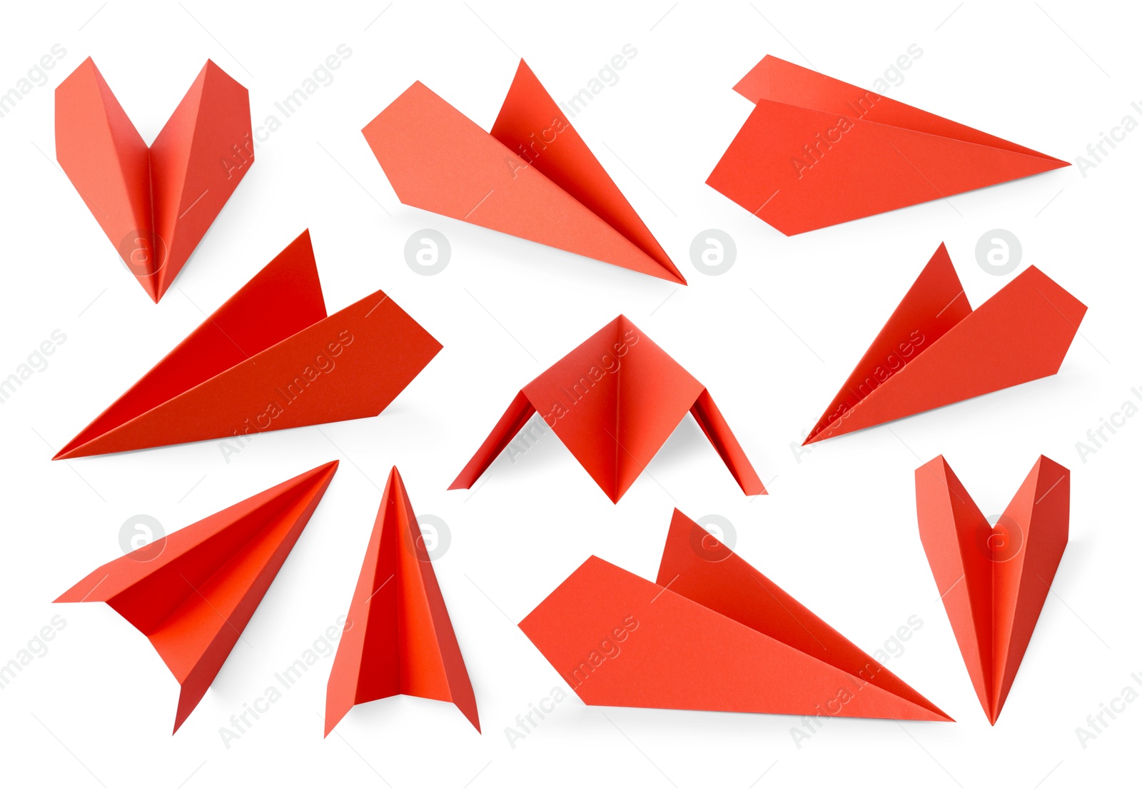 Image of Red paper planes on white background, set