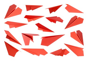 Image of Red paper planes on white background, set