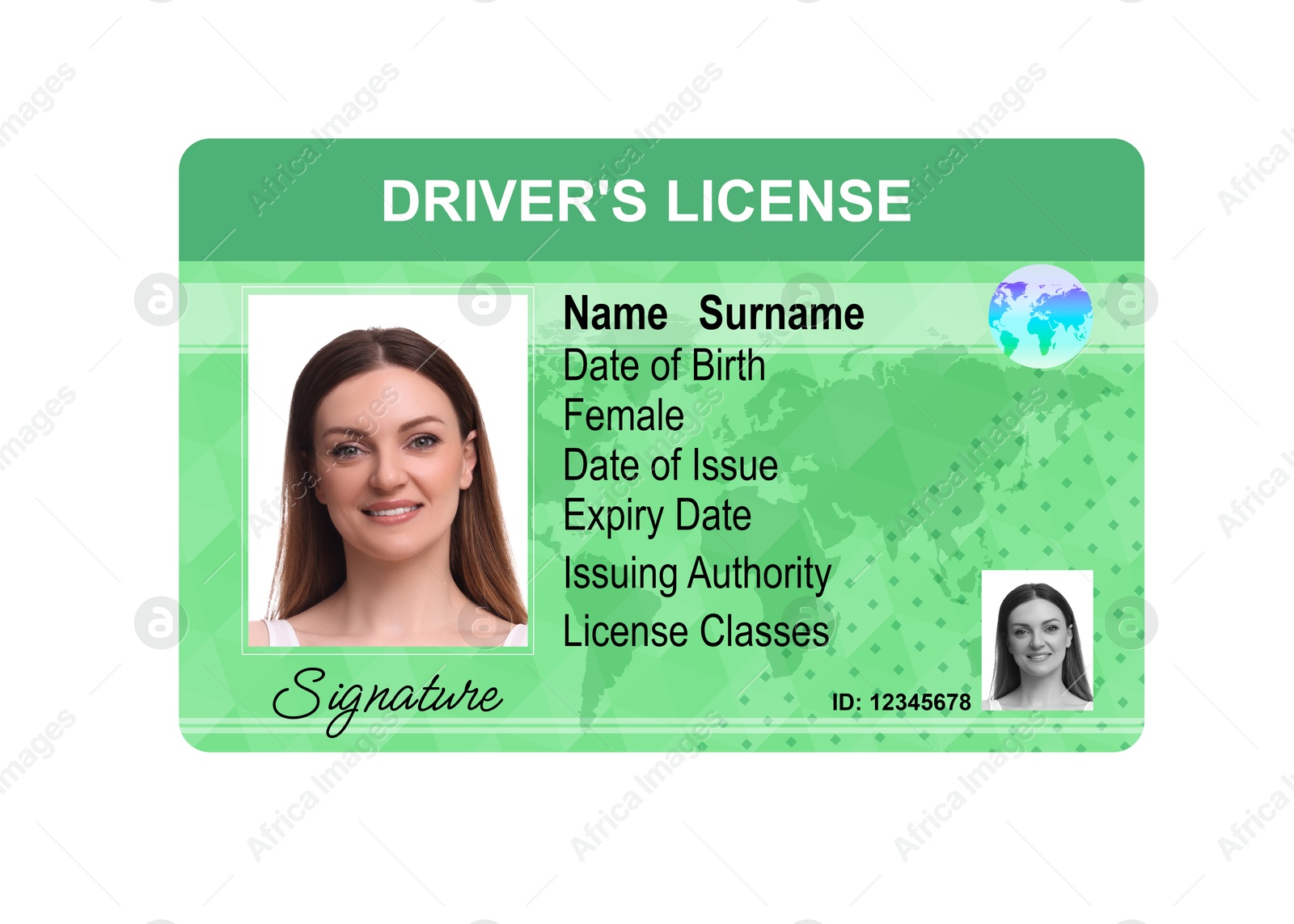 Image of Driver's license with photo of woman and world map illustration isolated on white