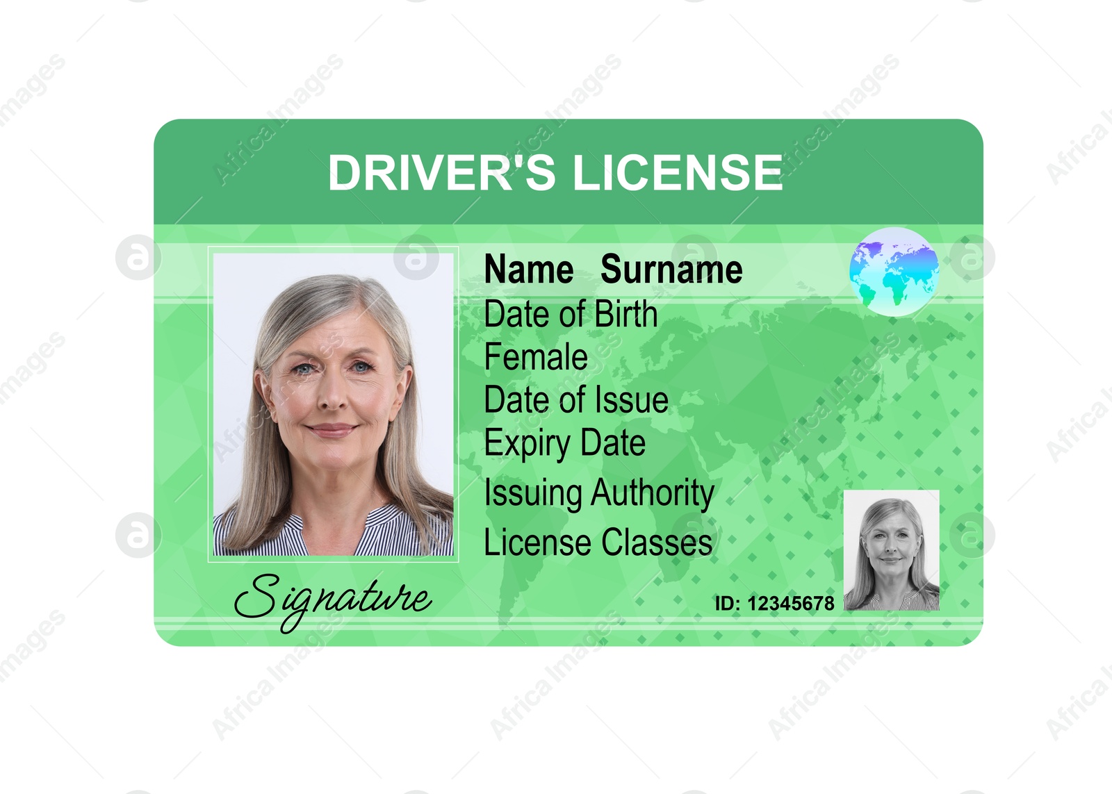 Image of Driver's license with photo of woman and world map illustration isolated on white