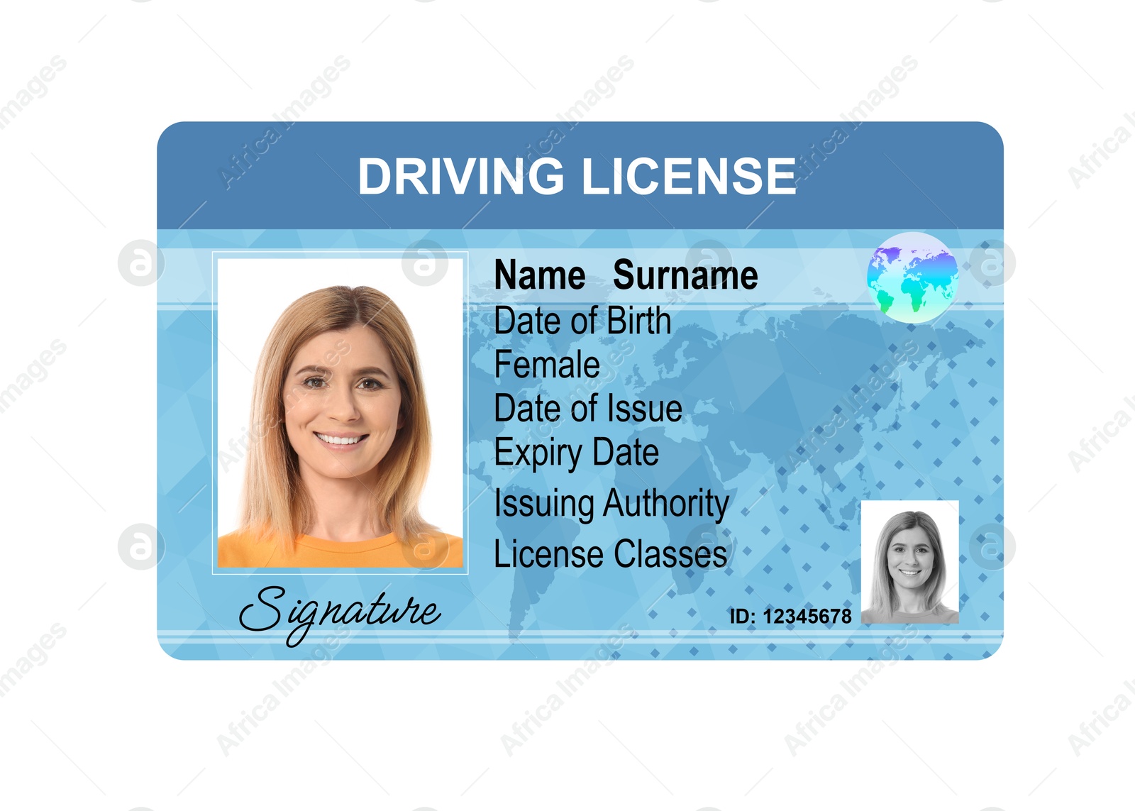 Image of Driver's license with photo of woman and world map illustration isolated on white