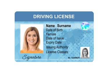 Image of Driver's license with photo of woman and world map illustration isolated on white