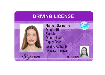 Image of Driver's license with photo of woman and world map illustration isolated on white