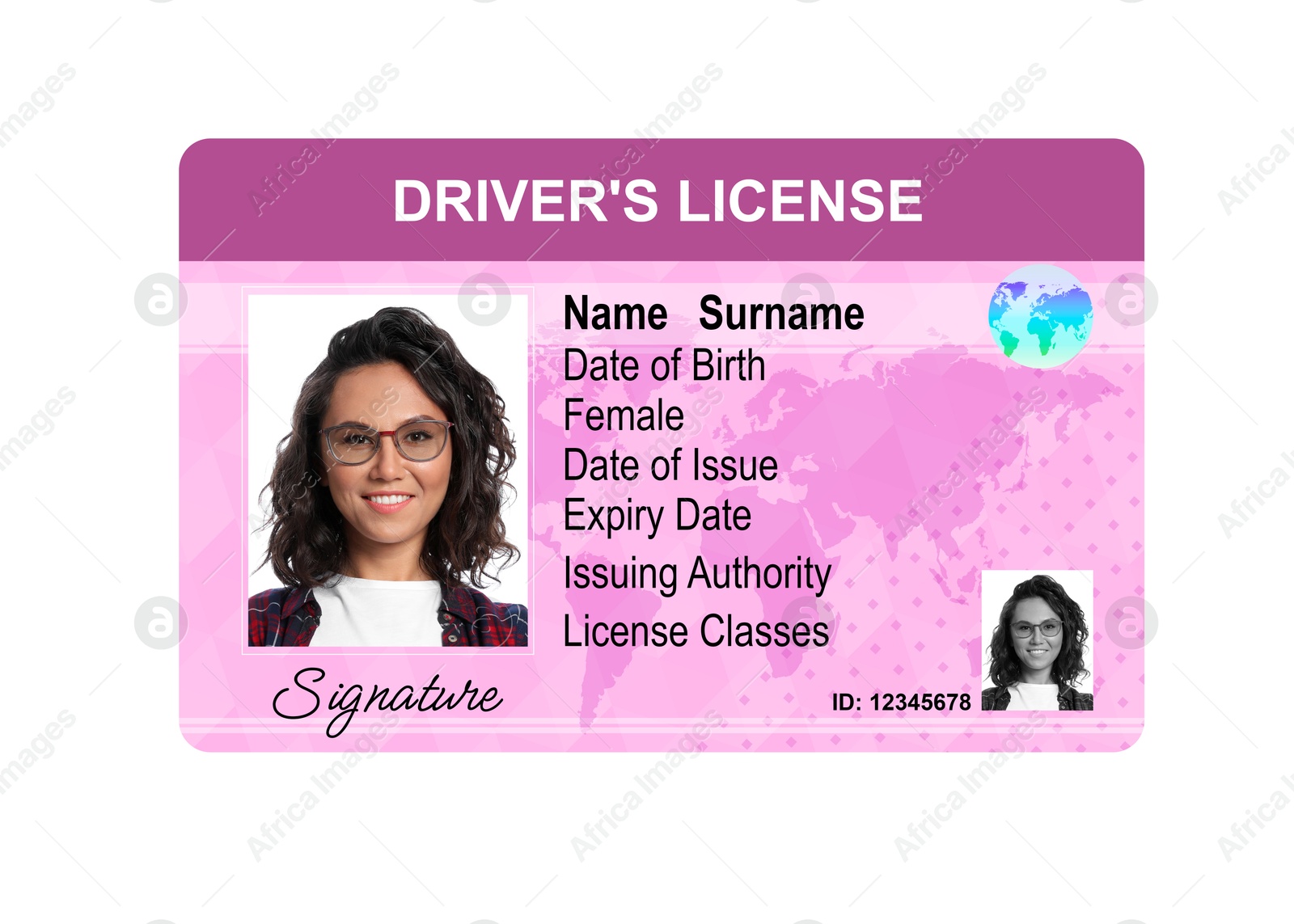 Image of Driver's license with photo of woman and world map illustration isolated on white