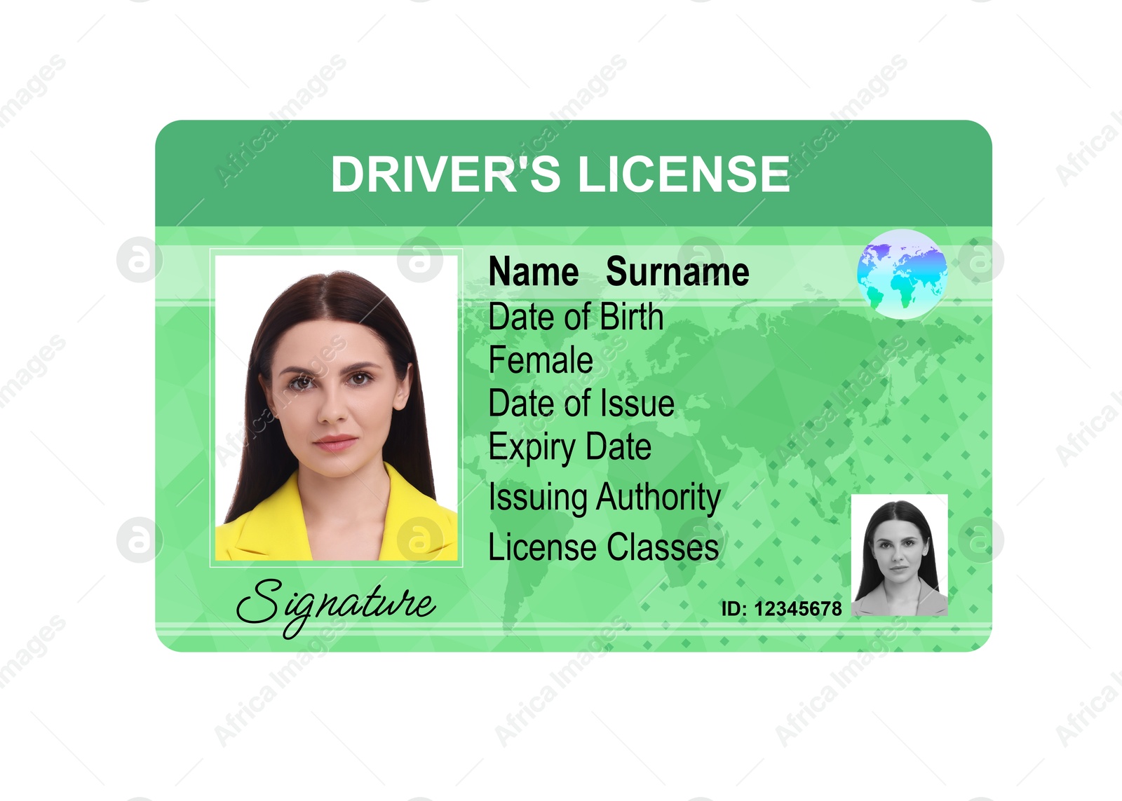 Image of Driver's license with photo of woman and world map illustration isolated on white