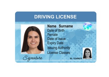 Image of Driver's license with photo of woman and world map illustration isolated on white