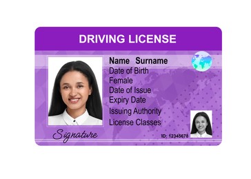 Image of Driver's license with photo of woman and world map illustration isolated on white