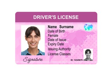 Image of Driver's license with photo of woman and world map illustration isolated on white