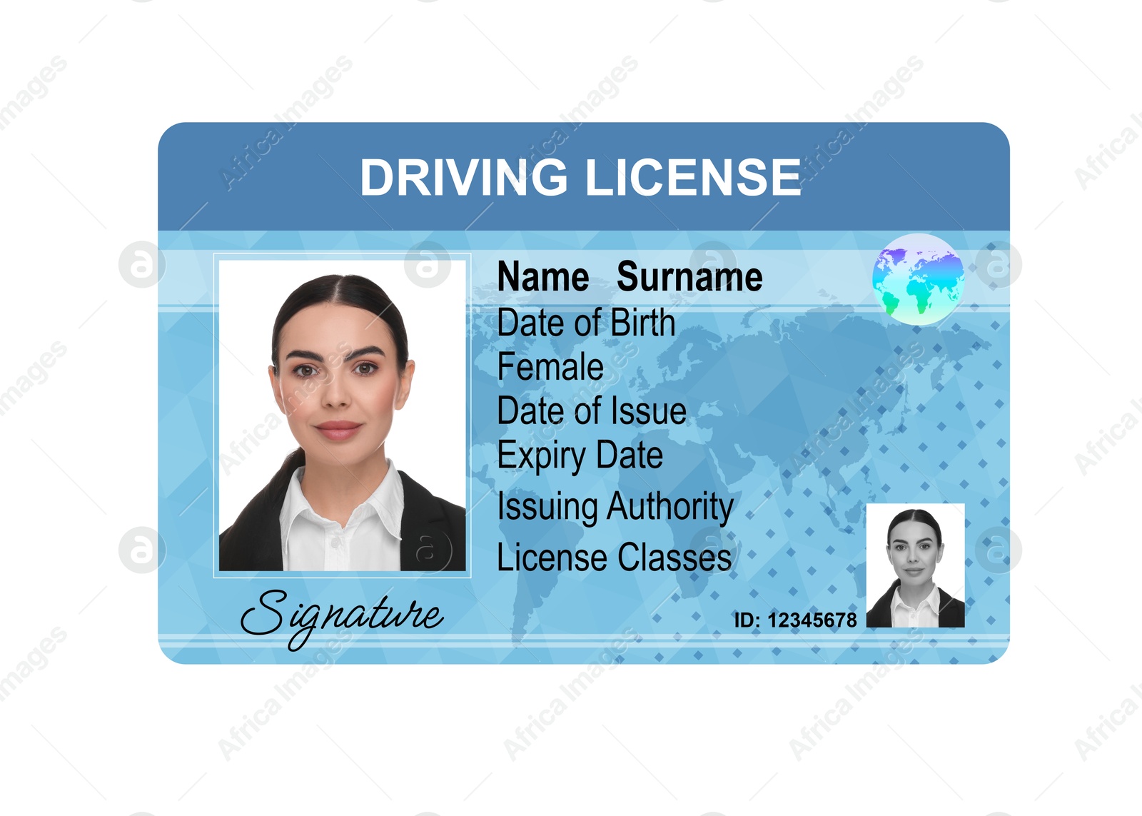 Image of Driver's license with photo of woman and world map illustration isolated on white