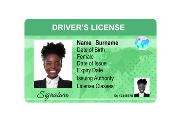 Driver's license with photo of woman and world map illustration isolated on white