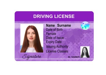 Image of Driver's license with photo of woman and world map illustration isolated on white