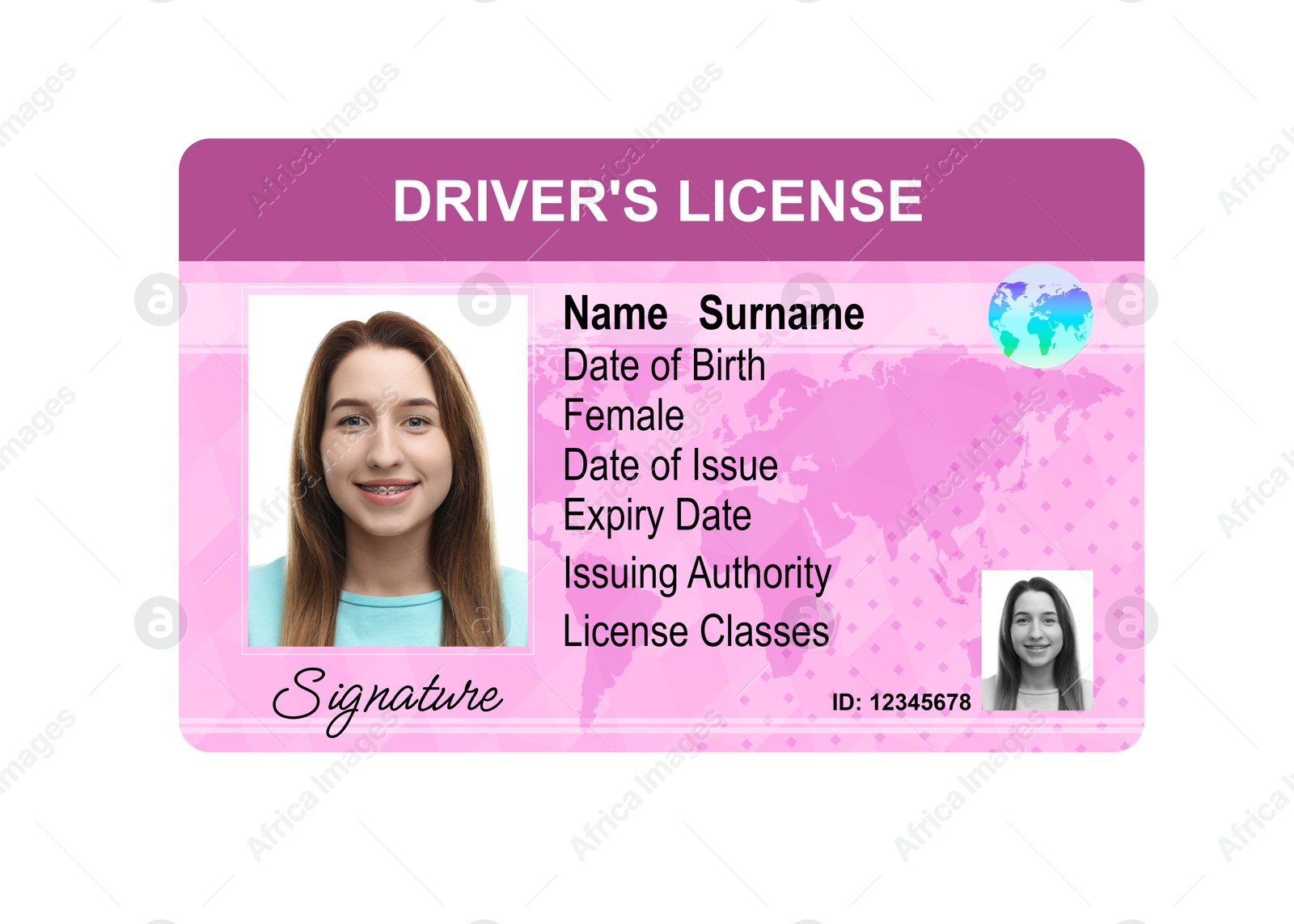 Image of Driver's license with photo of woman and world map illustration isolated on white