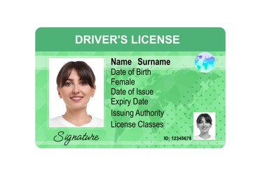 Image of Driver's license with photo of woman and world map illustration isolated on white