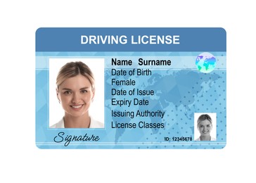 Image of Driver's license with photo of woman and world map illustration isolated on white