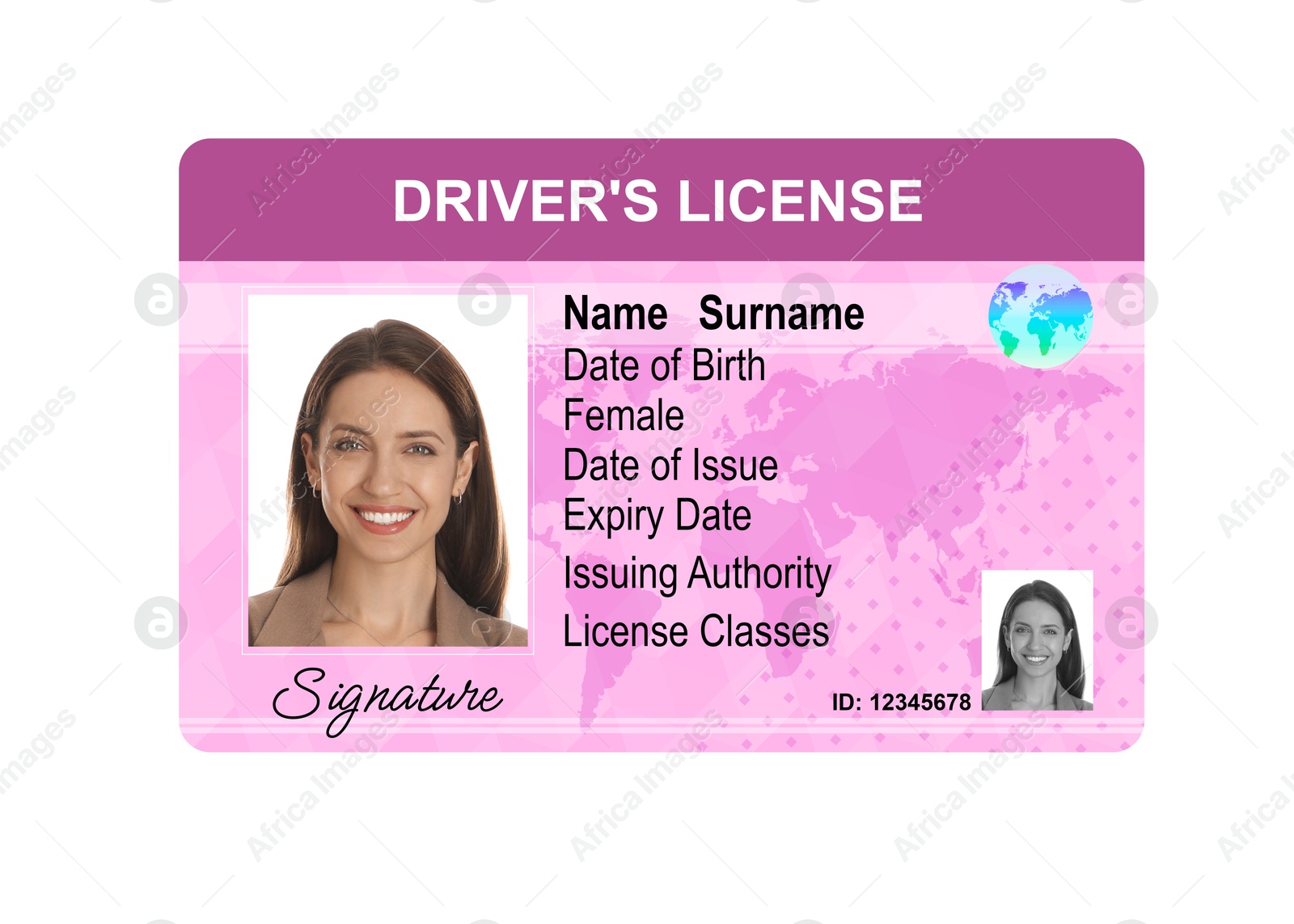 Image of Driver's license with photo of woman and world map illustration isolated on white