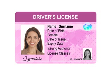 Image of Driver's license with photo of woman and world map illustration isolated on white