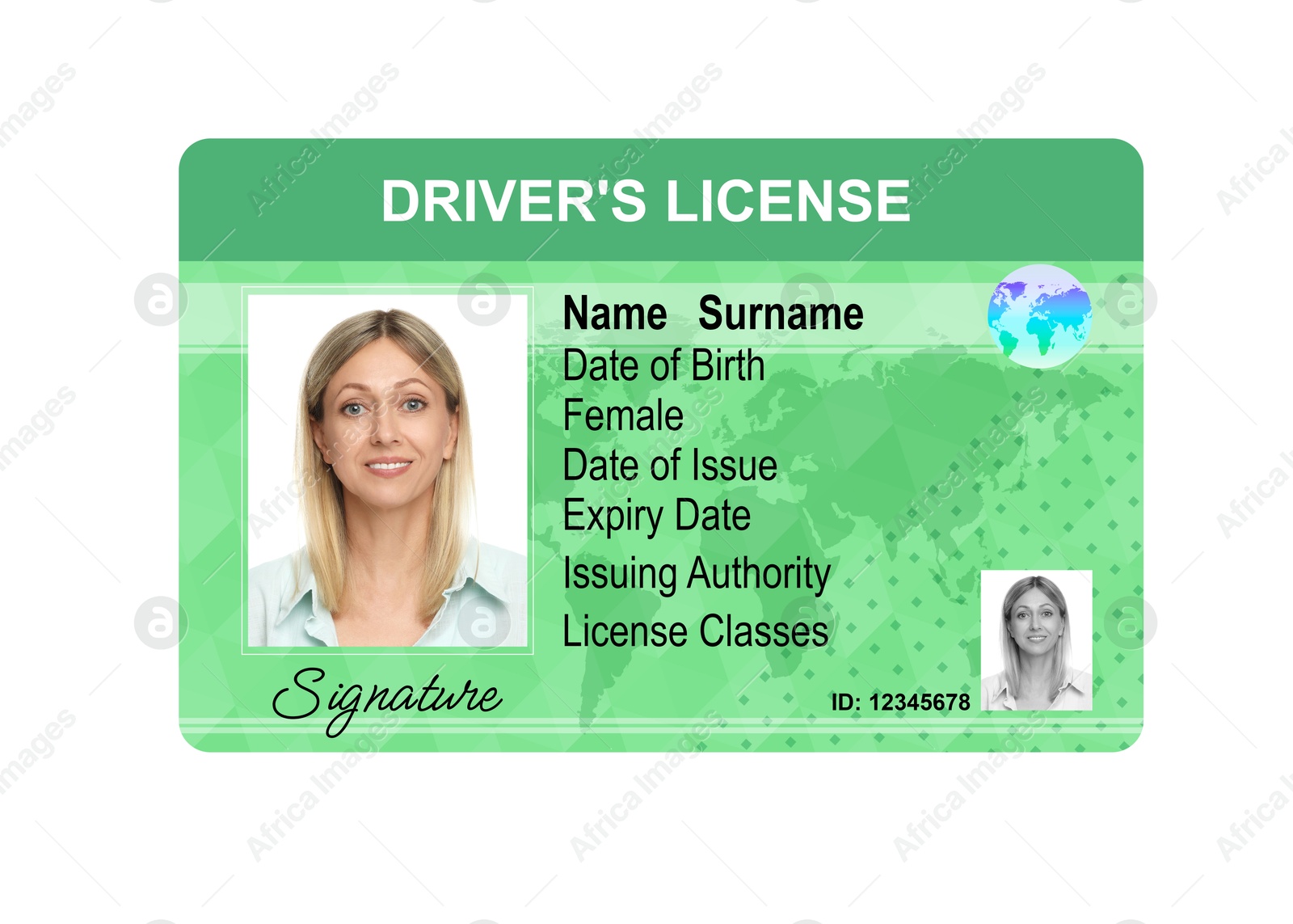 Image of Driver's license with photo of woman and world map illustration isolated on white