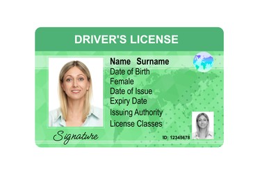 Image of Driver's license with photo of woman and world map illustration isolated on white