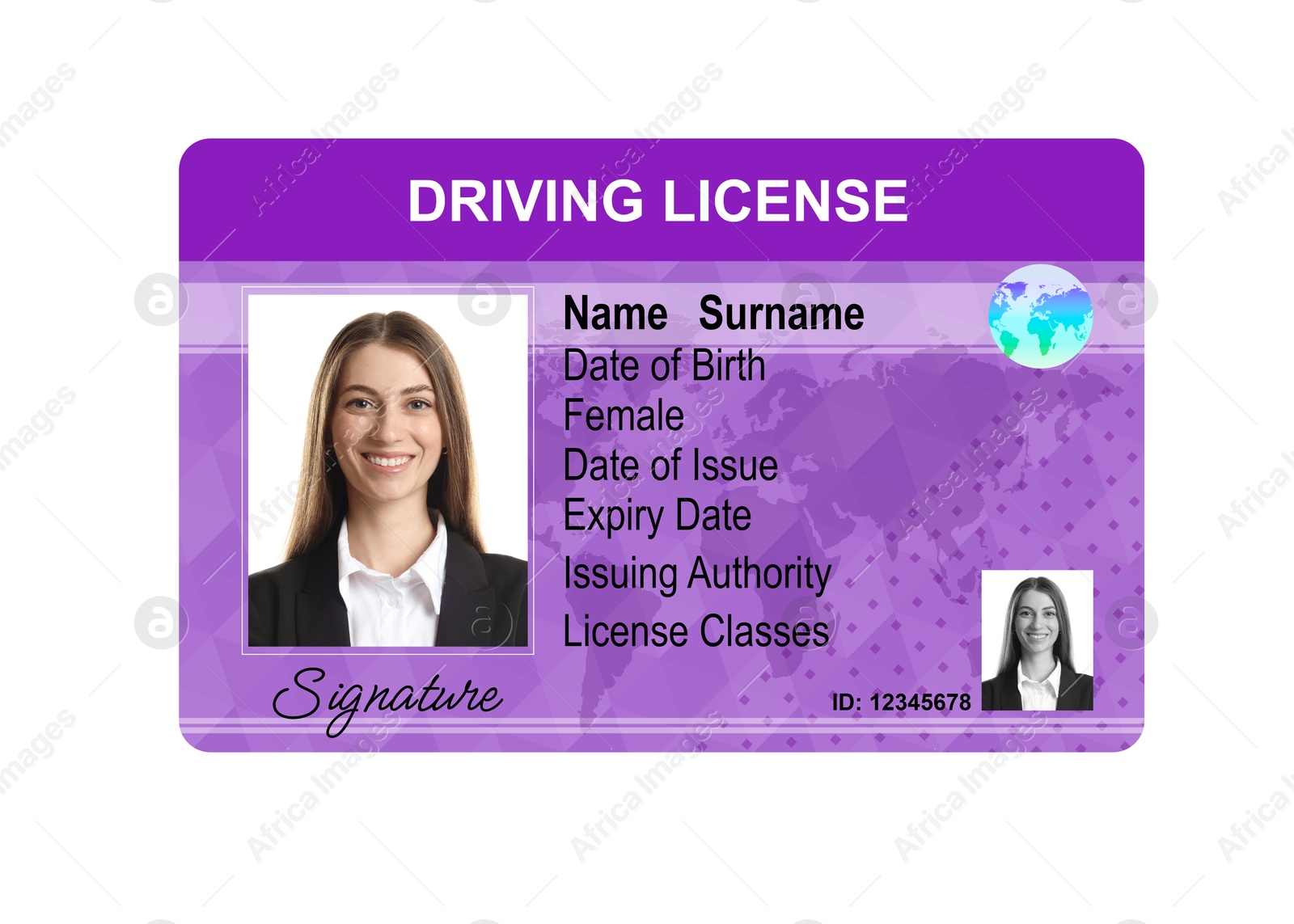 Image of Driver's license with photo of woman and world map illustration isolated on white