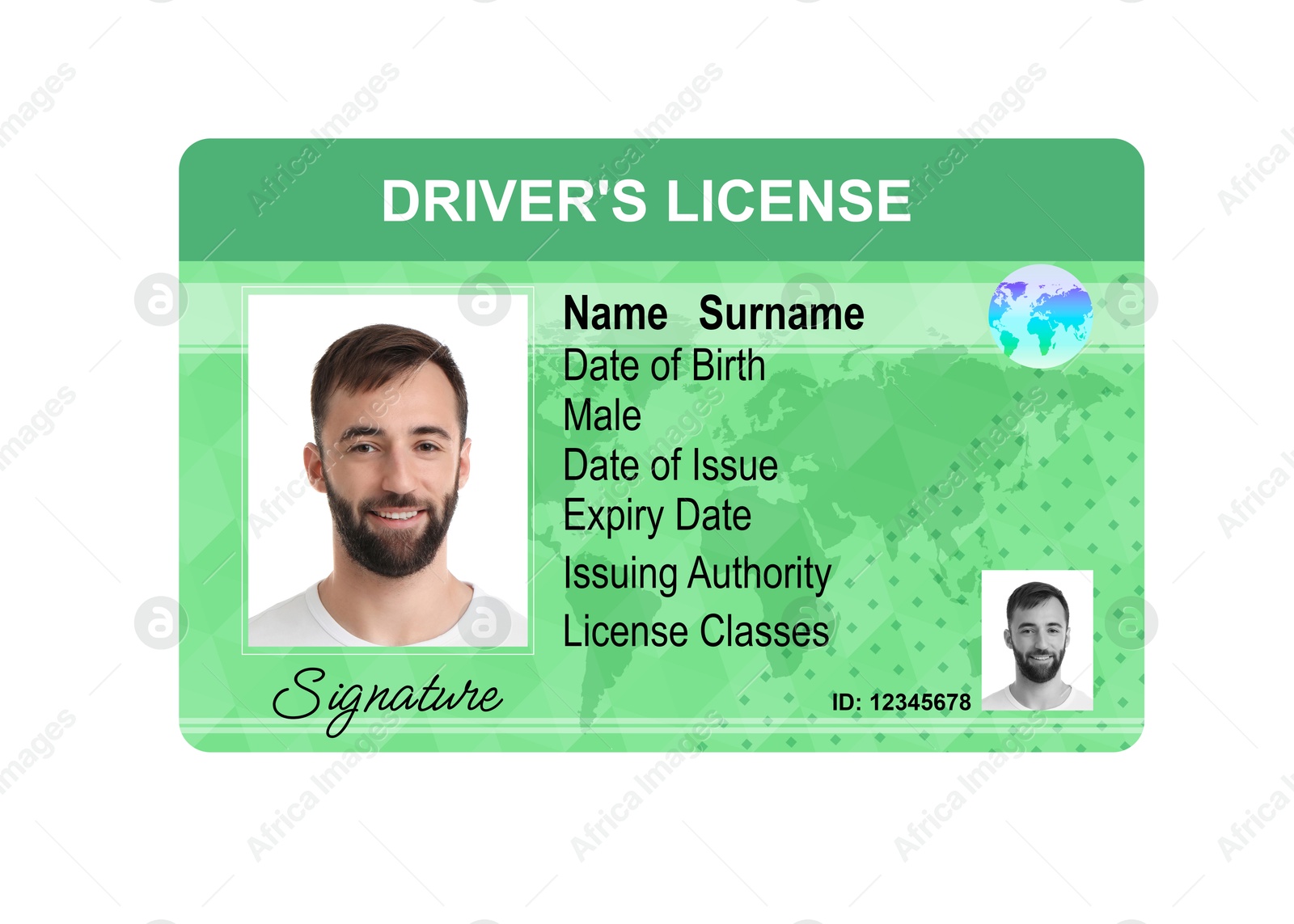 Image of Driver's license with photo of man and world map illustration isolated on white