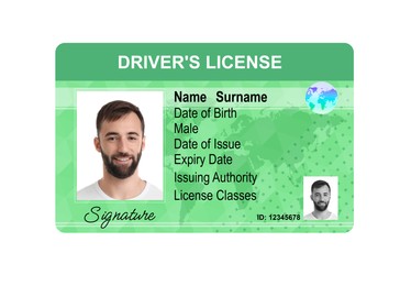 Image of Driver's license with photo of man and world map illustration isolated on white