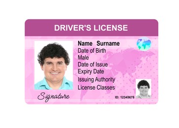 Image of Driver's license with photo of man and world map illustration isolated on white